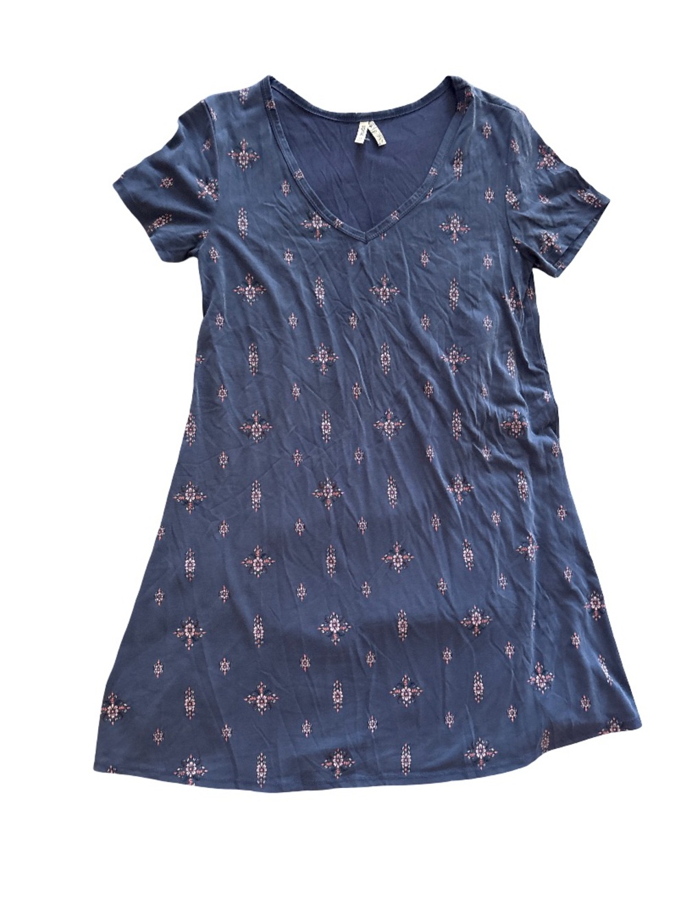 Mudd Navy Blue Short Sleeve V-Neck Dress with Pink Floral Motif